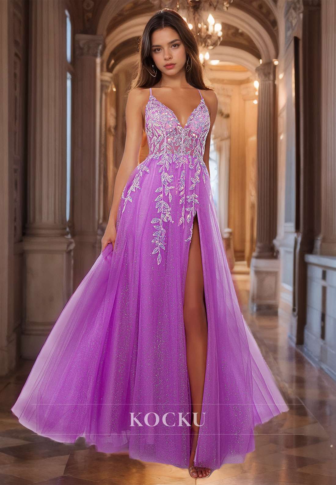 Low V-Neck A-Line Prom Dress Spaghetti Straps Floor-Length Lace Evening Dress with Appliques