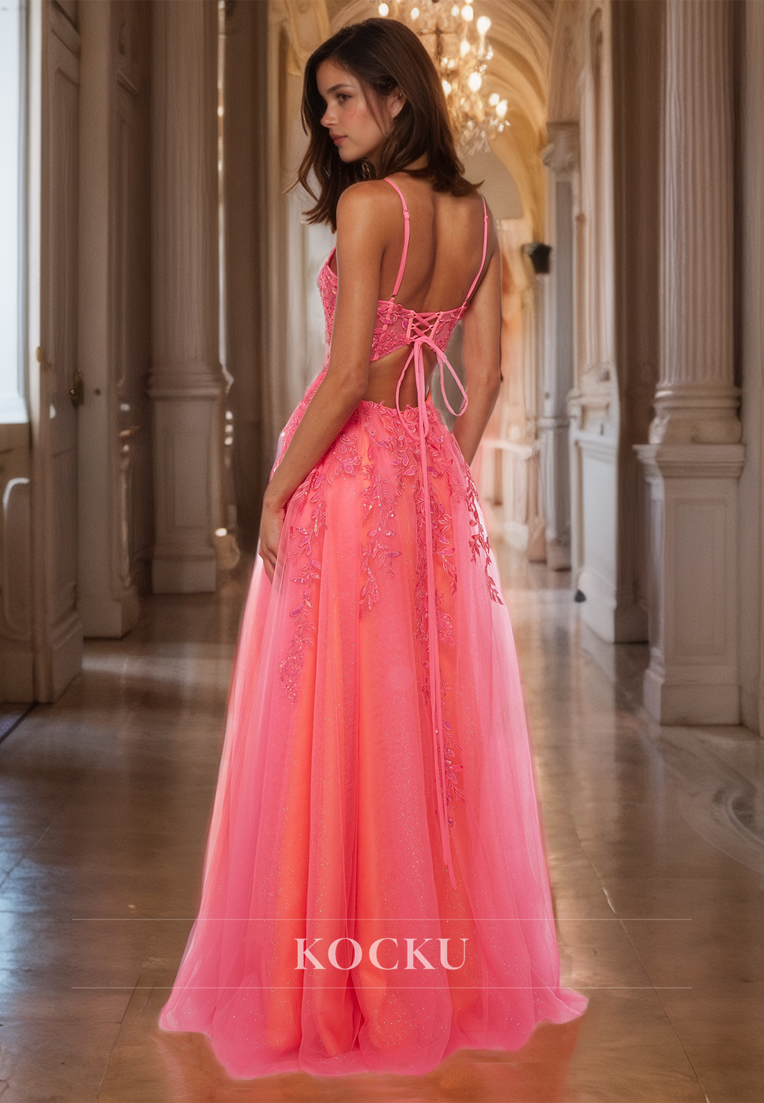 Sweetheart A-Line Spaghetti Straps Floor-Length Lace Evening Dress with Appliques Prom Dress