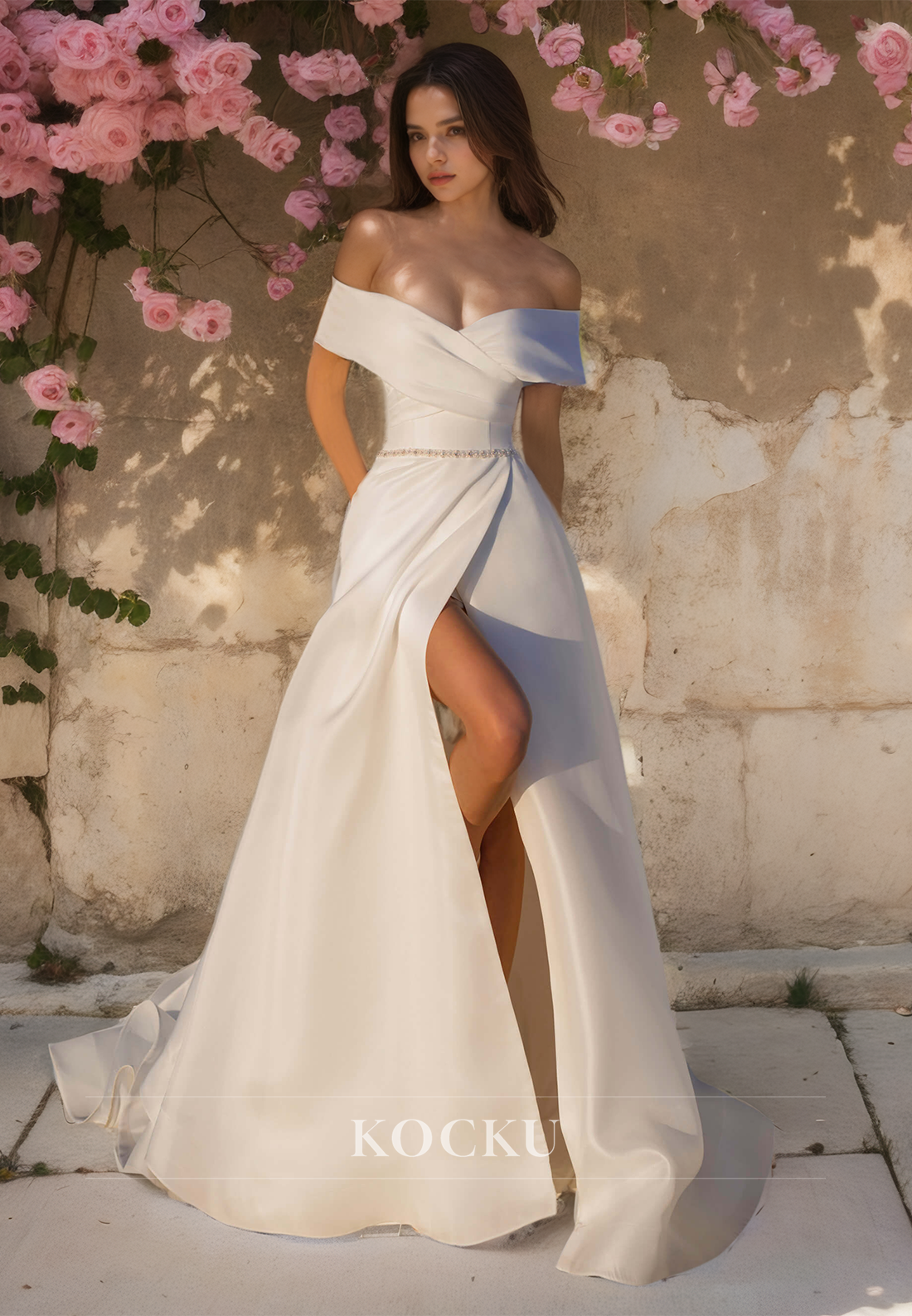 Off-Shoulder A-Line Sleeveless Brush Train Pleated Satin Wedding Dress with High Split Bridal Dress