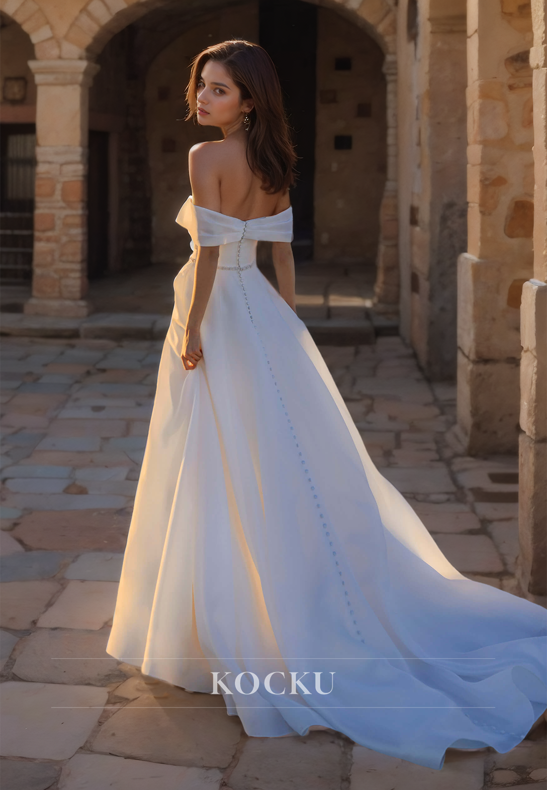 Off-Shoulder A-Line Sleeveless Brush Train Pleated Satin Wedding Dress with High Split Bridal Dress