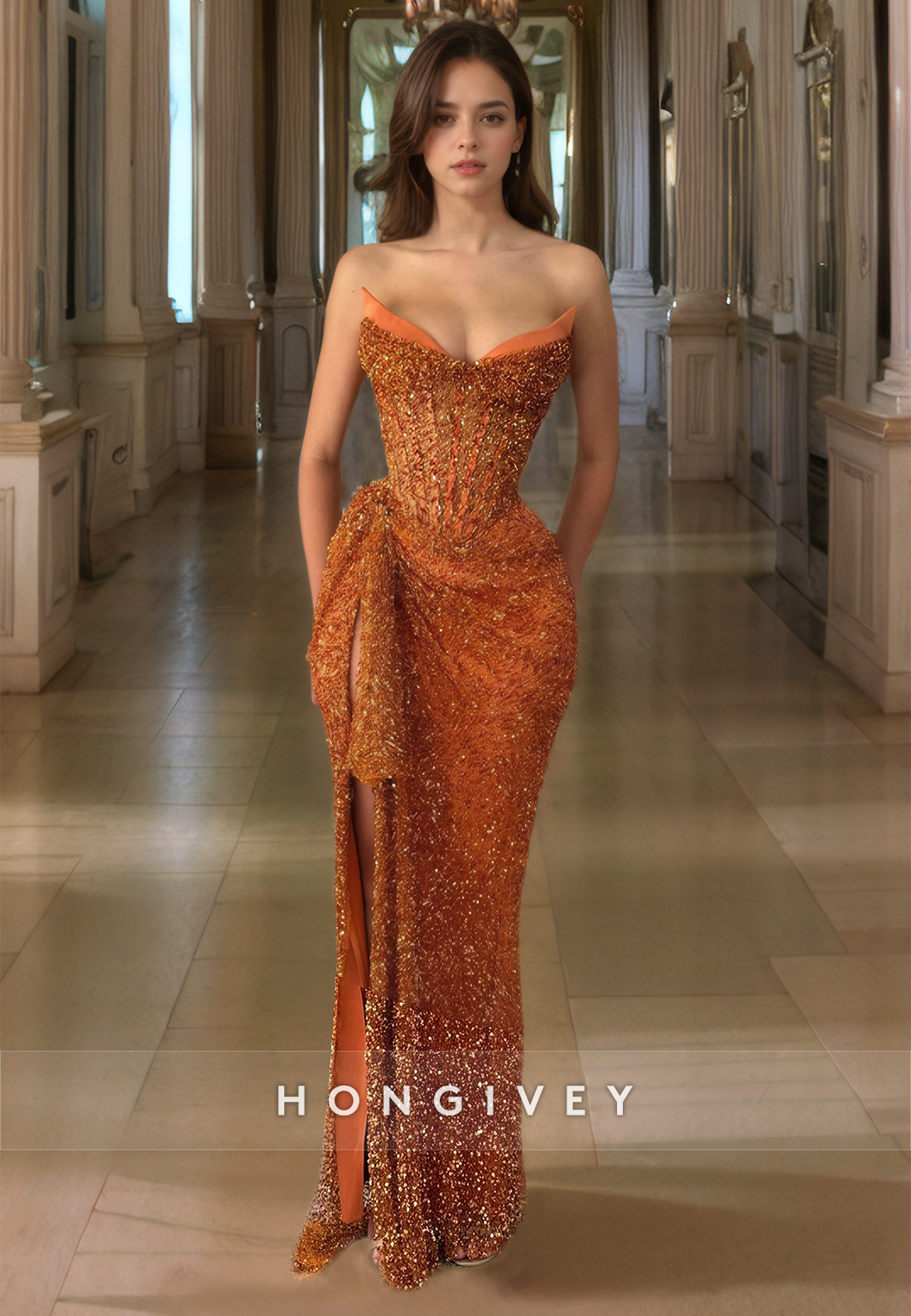 Luxurious Sequined Sweetheart Orange Formal Occasion Party Dress Strapless Floor Length Prom Dress with High Slit