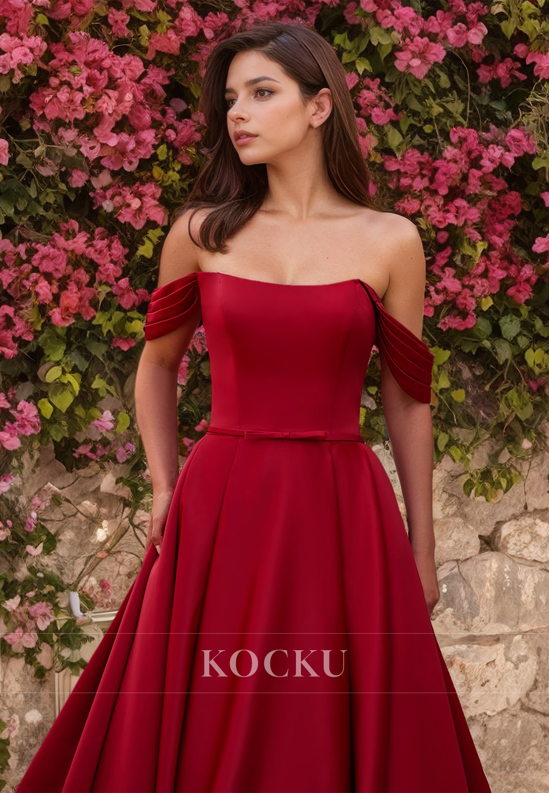 A-Line Off-Shoulder Sleeveless Pleated Satin Burgundy Wedding Dress with Brush Train Bridal Gowns