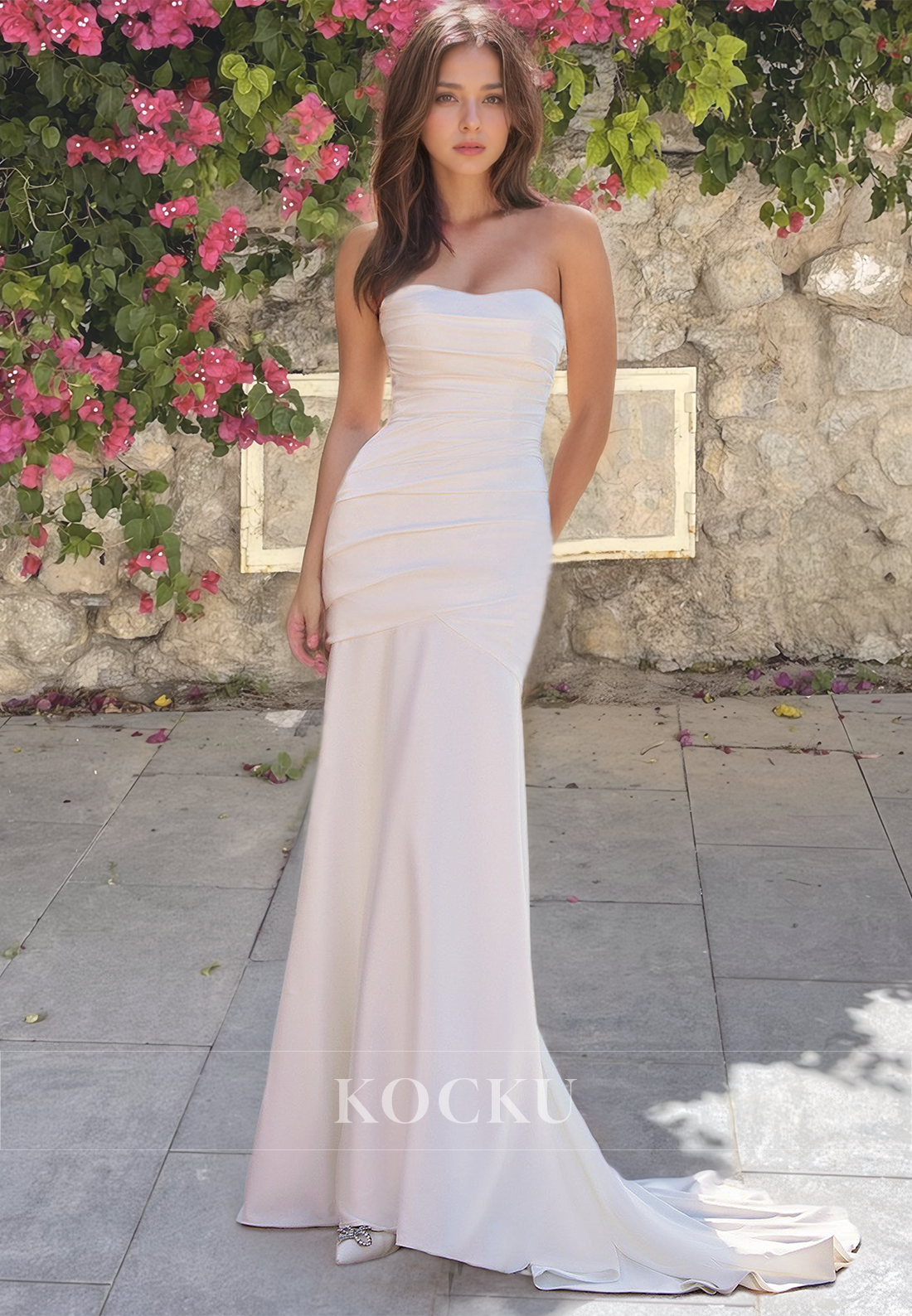 Sweetheart Mermaid Beach Wedding Dress Sleeveless Ruched Satin Boho Gowns with Sweep Train - Fashionpara