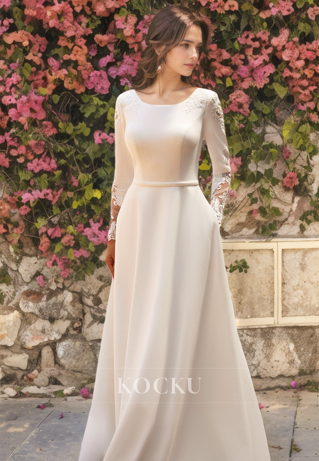 Scoop Neck A-Line Long Sleeves Stripe Train Pleated Satin Wedding Dress with Appliques Bridal Dress