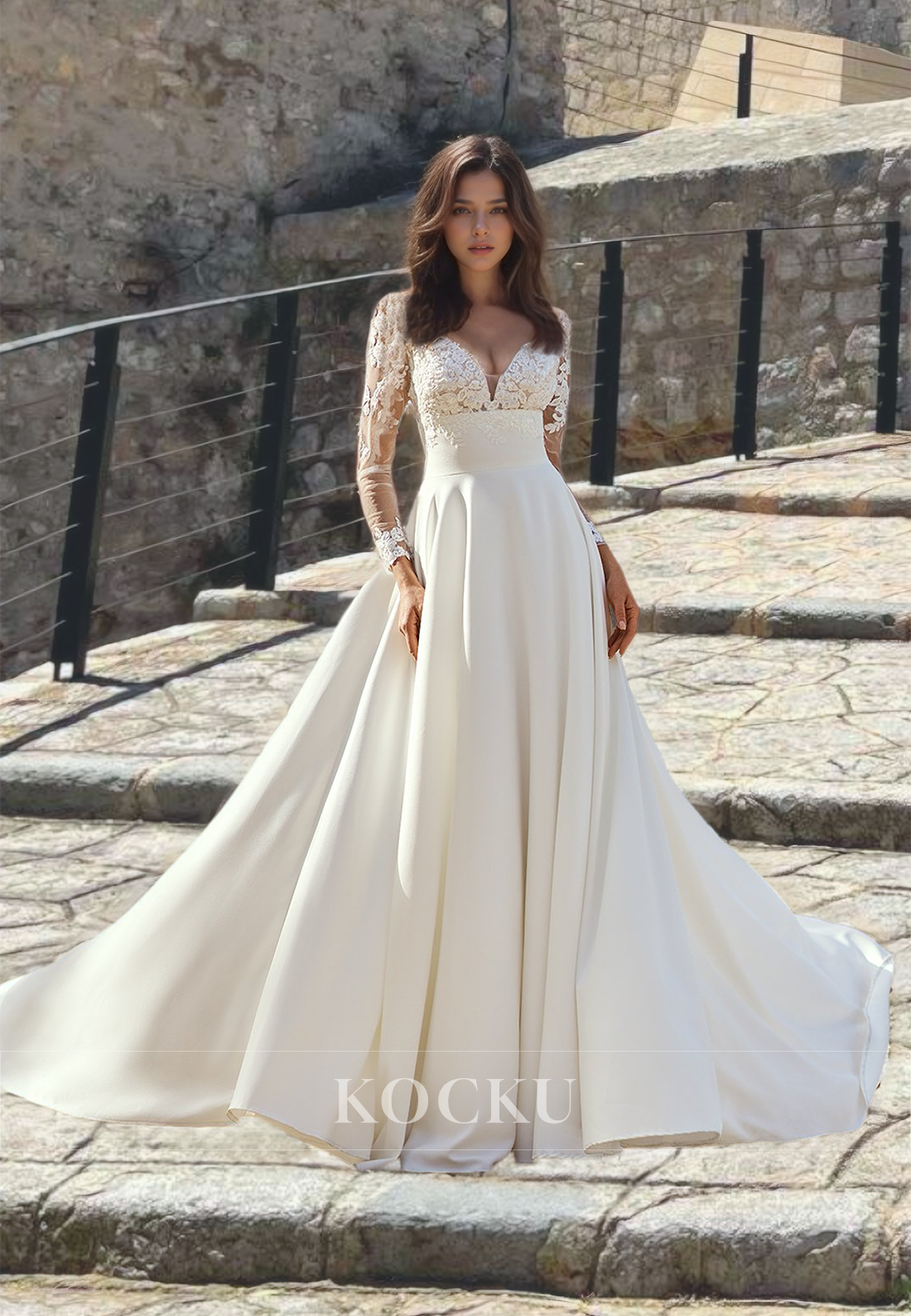 Sweetheart A-Line Long Sleeves Brush Train Pleated Satin Wedding Dress with Appliques Bridal Gowns