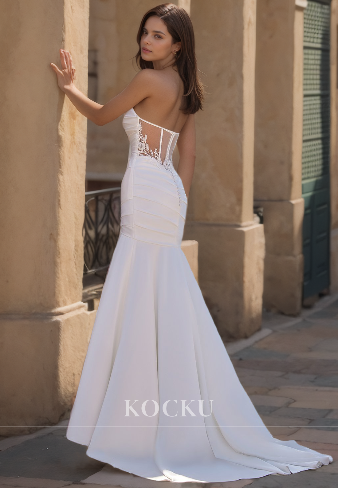 Sweetheart Mermaid Beach Wedding Dress Sleeveless Ruched Satin Boho Gowns with Sweep Train - Fashionpara