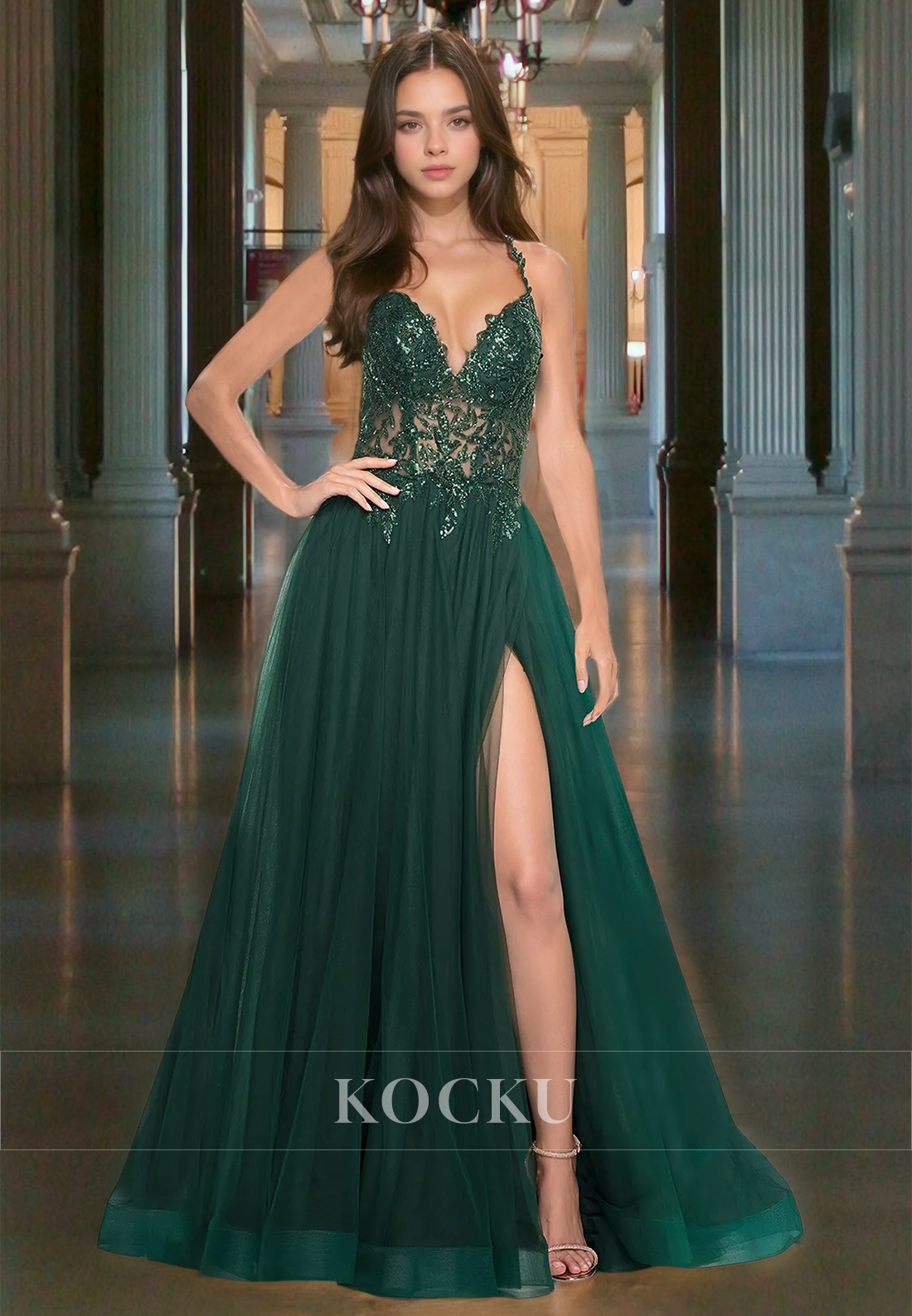 Spaghetti Straps A-Line Low V-Neck High Split Train Lace Party Dress with Appliques Prom Dress