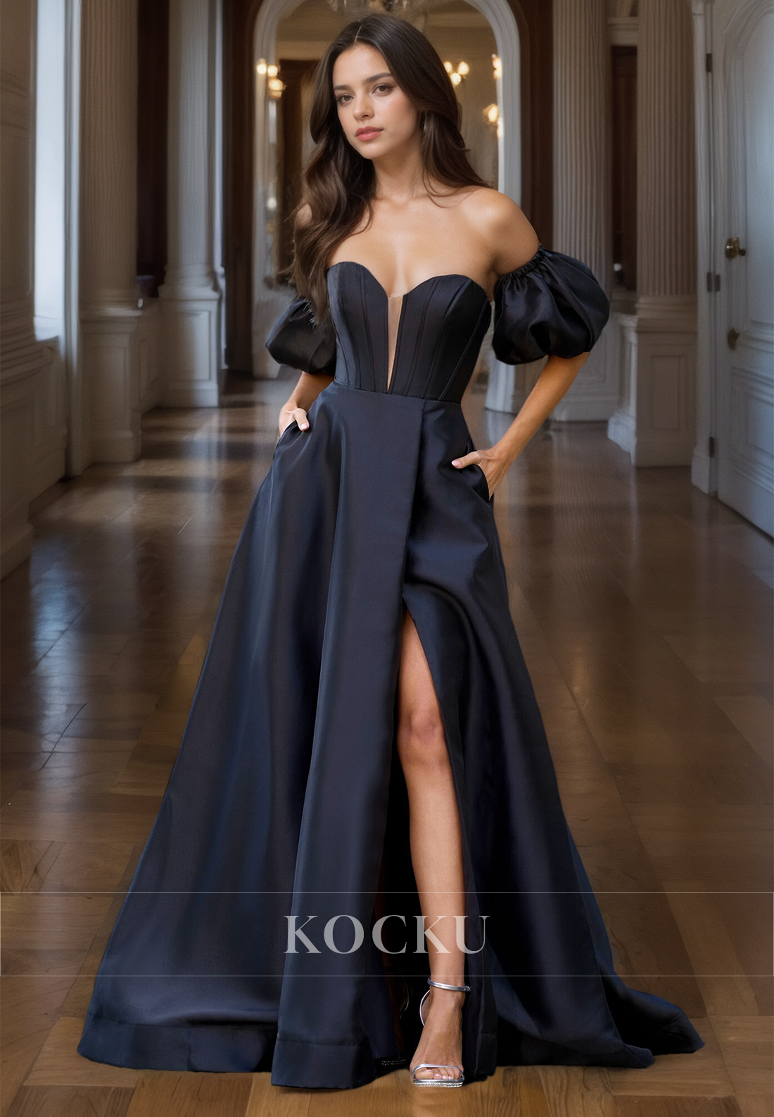 A-Line Sweetheart Puff Sleeves Prom Dress High Split Pleated Satin Party Dress with Train