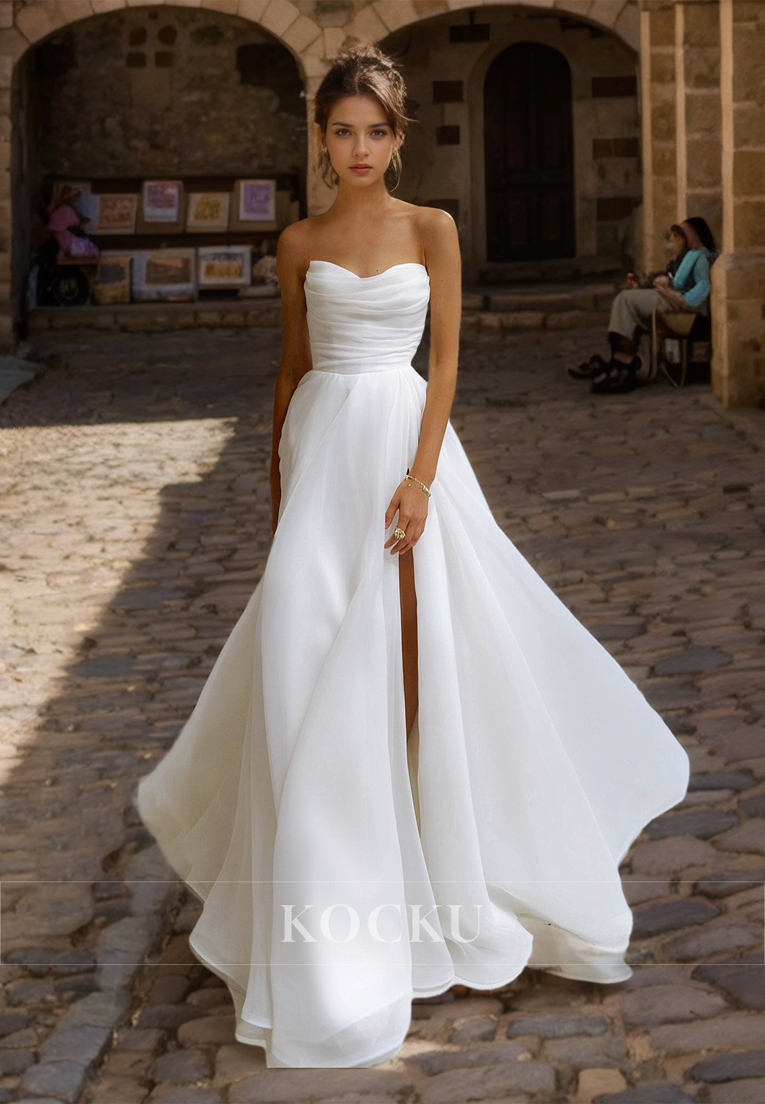 A-Line Tube Top Beach Wedding Dress Sleeveless High Split Ruched Chiffon Boho Dress with Train