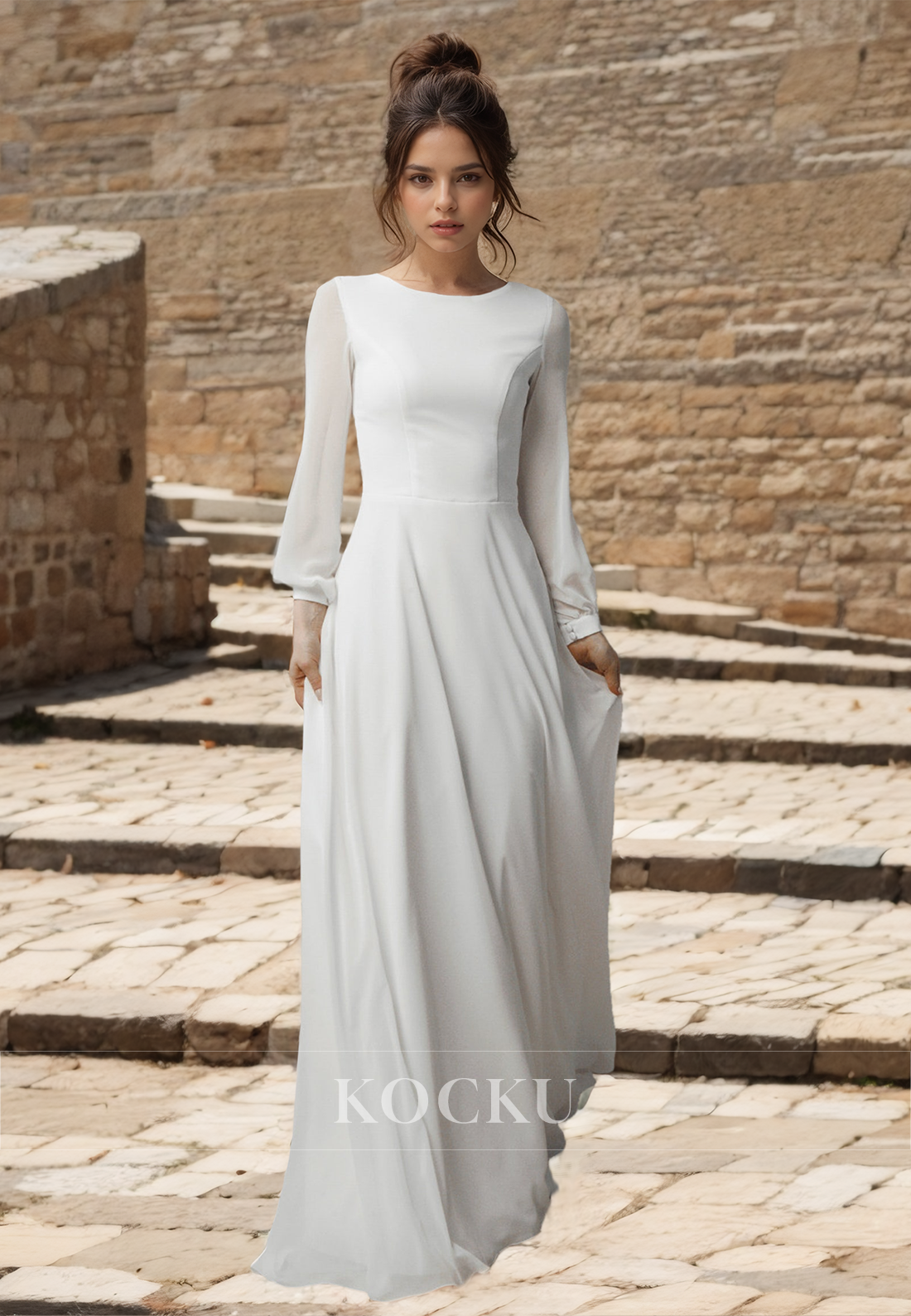 A-Line Long Sleeves Scoop Neck Beach Wedding Dress Pleats Chiffon Boho Bridal Dress with Sweep Train