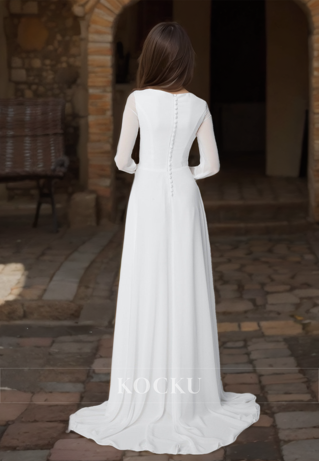 A-Line Long Sleeves Scoop Neck Beach Wedding Dress Pleats Chiffon Boho Bridal Dress with Sweep Train