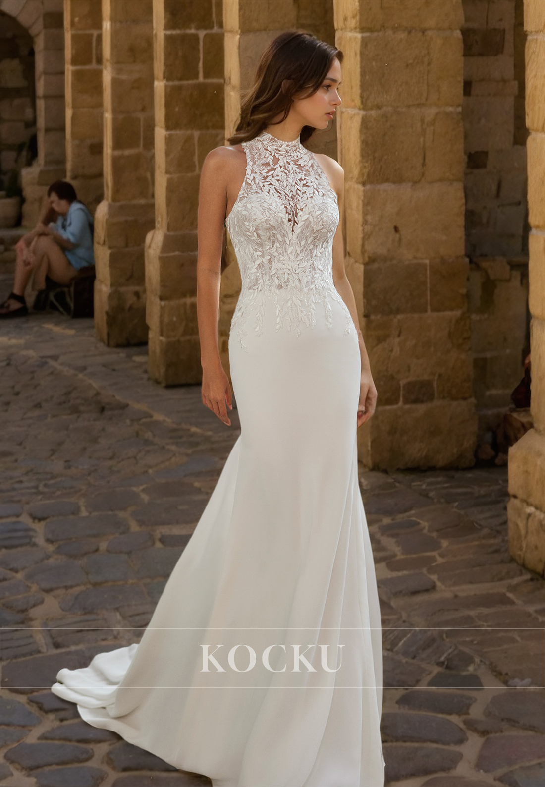 Halter Neck Sleeveless Sheath Sweep Train Satin Wedding Dress with Appliques Bridal Dress - Fashionpara