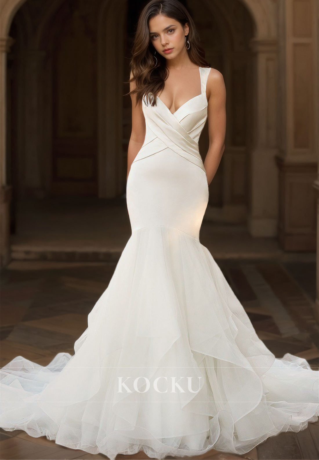 V-Neck Straps Sleeveless Mermaid Wedding Dress Ruched Satin Bridal Dress with Lace Train - Fashionpara