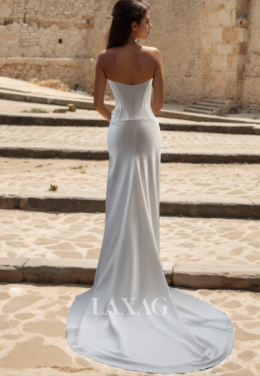 Simple V-Neck Sleeveless Satin Wedding Dress Pleated High Slit Bride Gowns with Sweep Train - Fashionpara