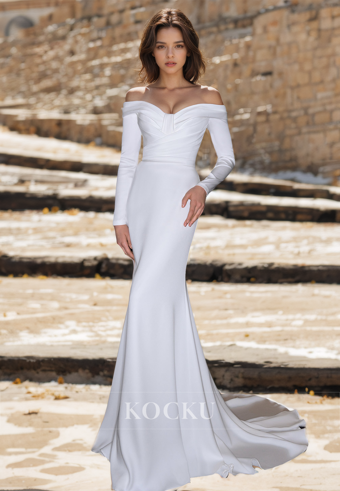 Beach Sweetheart Long Sleeves Wedding Dress Sheath Sweep Train Ruched Satin Boho Dress - Fashionpara