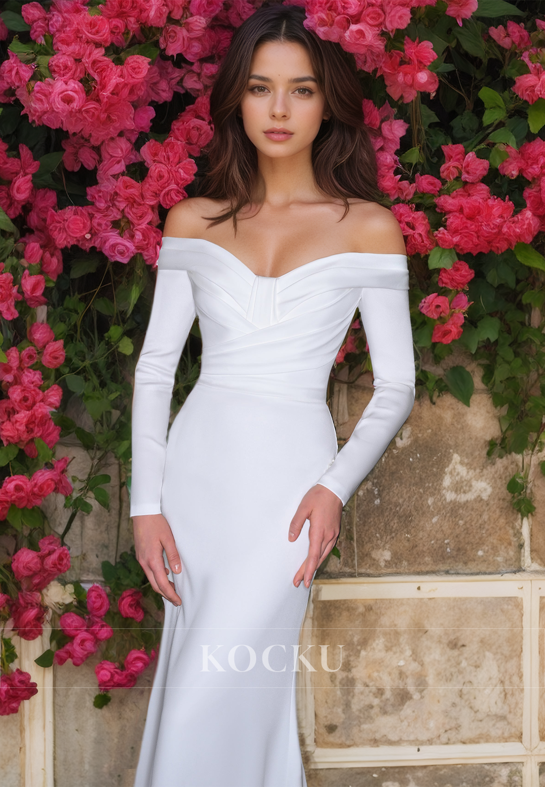 Beach Sweetheart Long Sleeves Wedding Dress Sheath Sweep Train Ruched Satin Boho Dress - Fashionpara