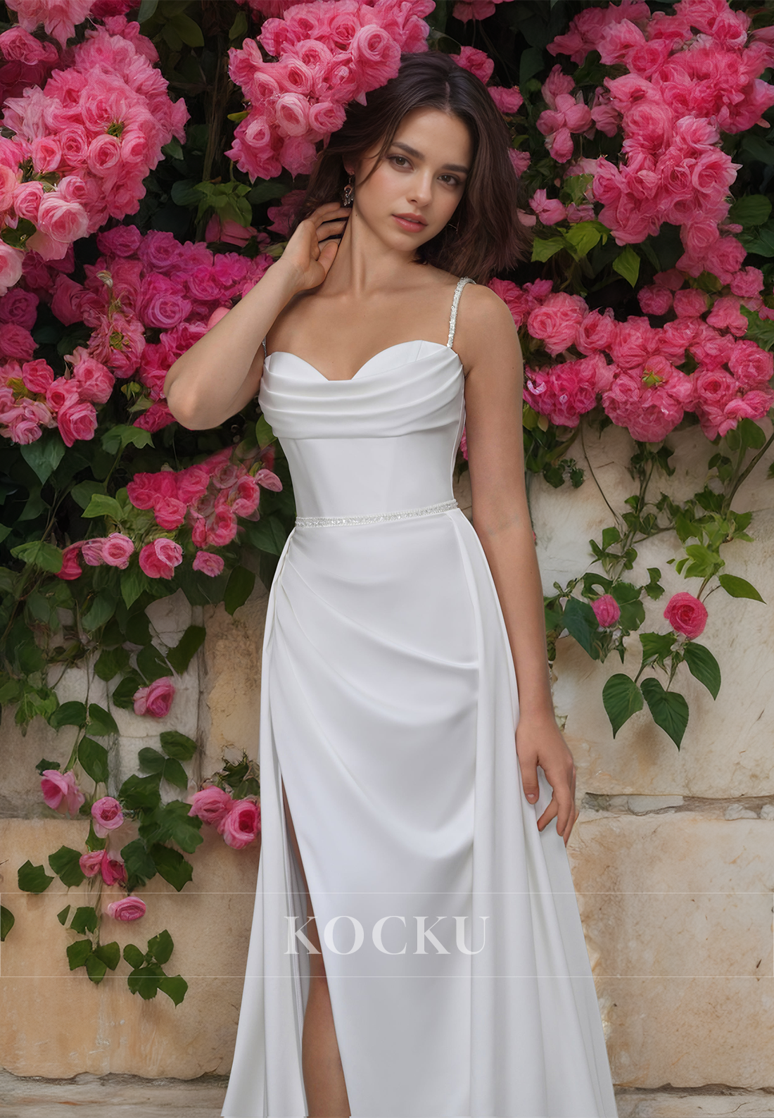 Spaghetti Straps Sweetheart Sheath Wedding Dress High Slit Train Satin Bridal Gowns with Beads - Fashionpara