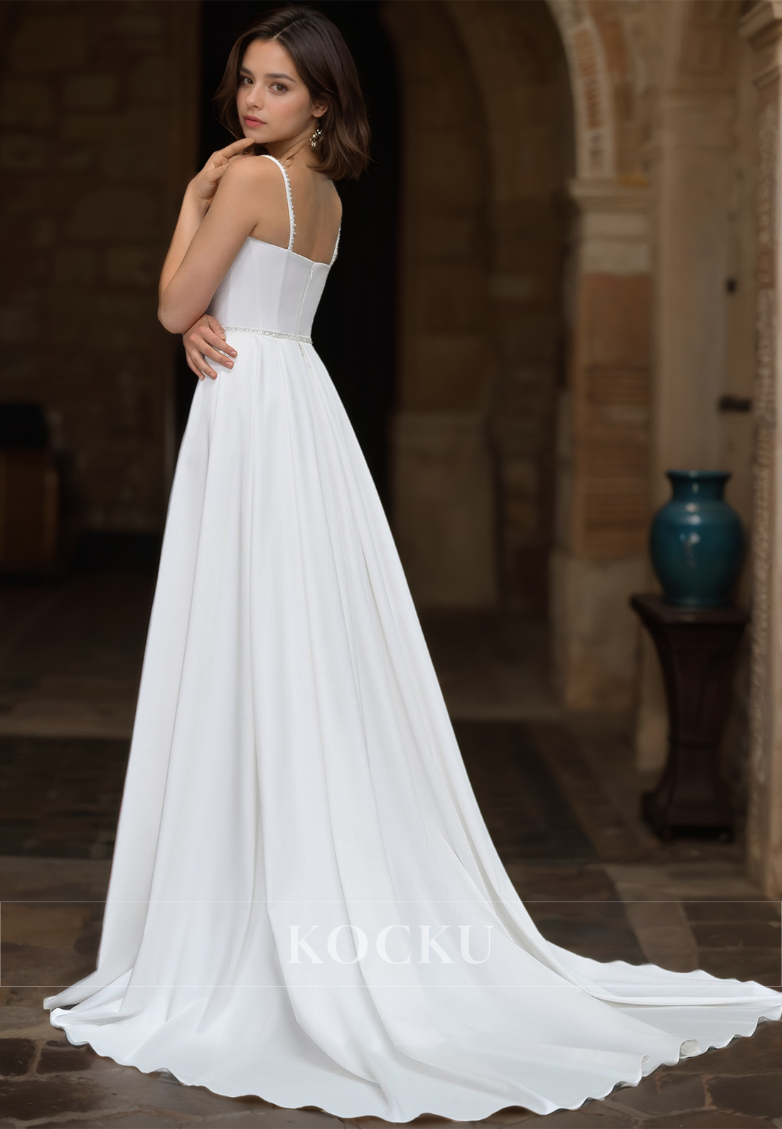 Spaghetti Straps Sweetheart Sheath Wedding Dress High Slit Train Satin Bridal Gowns with Beads - Fashionpara