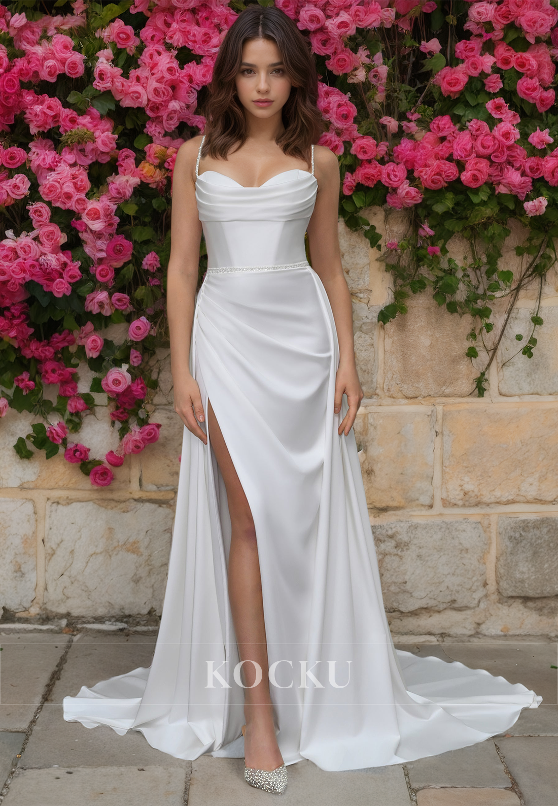 Spaghetti Straps Sweetheart Sheath Wedding Dress High Slit Train Satin Bridal Gowns with Beads - Fashionpara