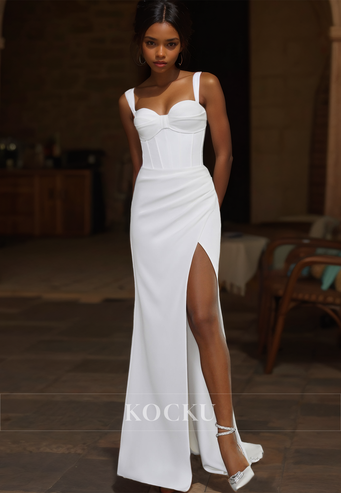 Sweetheart Spaghetti Straps Sheath Wedding Dress Sleeveless High Slit Satin Bridal Gowns with Train - Fashionpara