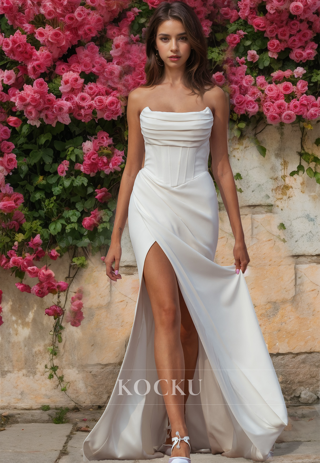 Tube Top Sleeveless Sheath Stripe Sweep Train Ruched Satin Wedding Dress with Slit Bridal Gowns - Fashionpara