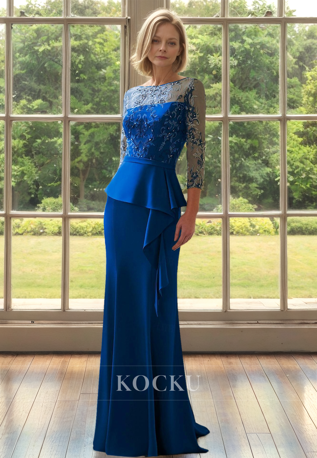 Chic & Modern Scoop Neck Long Sleeves Sheath Beads Satin Mother of Bride Dress with Appliques - Fashionpara