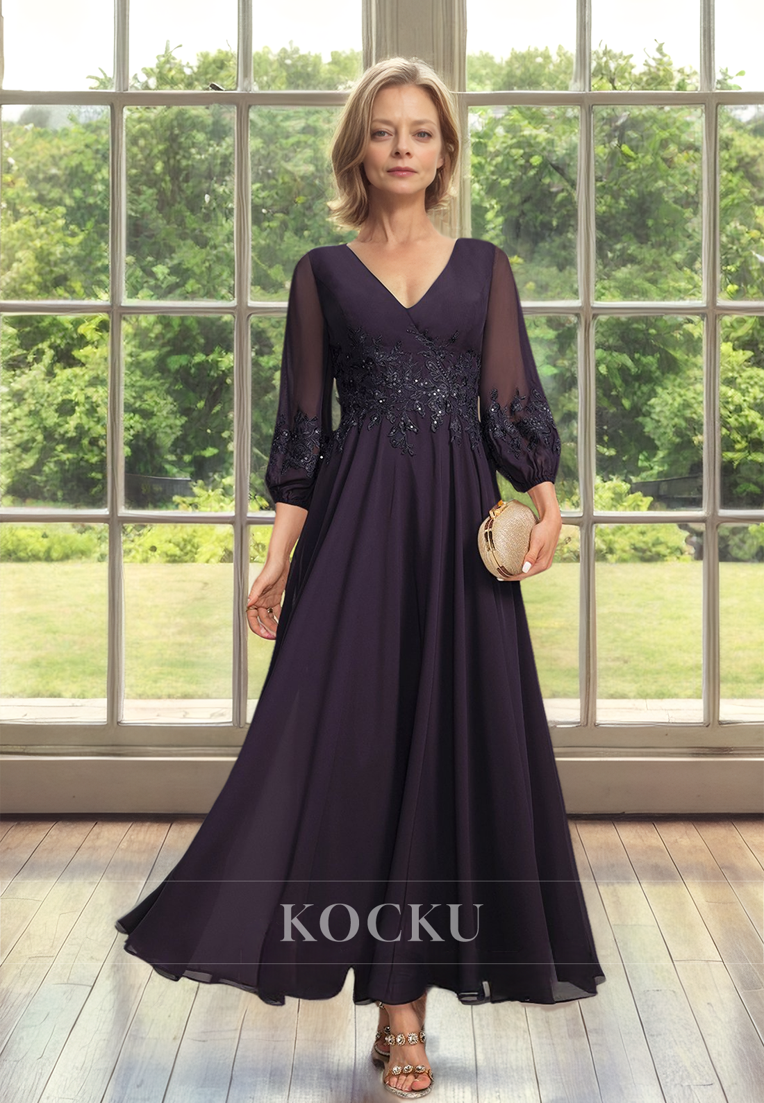 Elegant&Dramatic A-Line V-Neck Long Sleeves Lace Mother of Bride Dress with Appliques Cocktail Gowns - Fashionpara