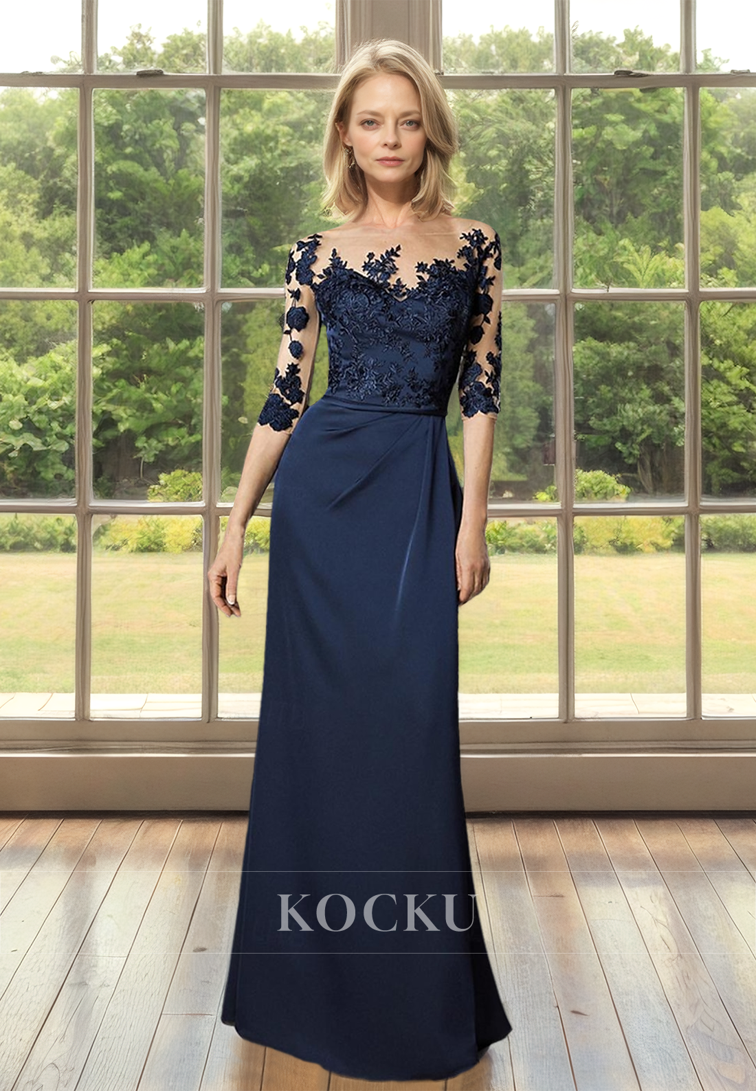 Elegant&Luxurious Scoop Neck Half Sleeves Sheath Mother of Bride Dress with Appliques Cocktail Dress - Fashionpara