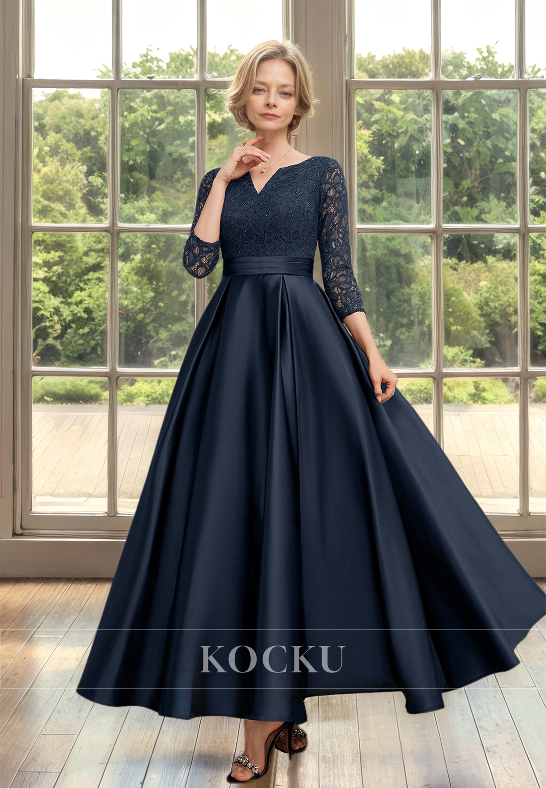 Chic&Modern A-Line V-Neck Long Sleeves Satin Cocktail Gowns Mother of Bride with Appliques - Fashionpara