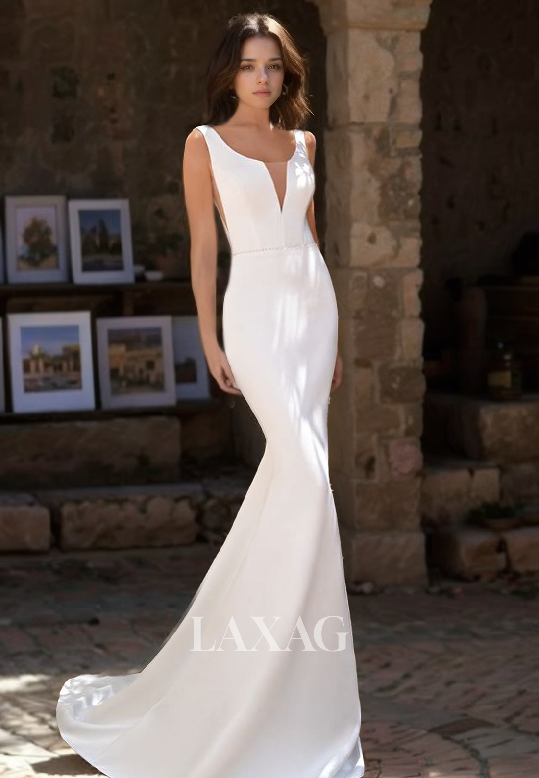 Scoop-Neck Straps Sleeveless Satin Mermaid Wedding Dress Beaded Cutout Train Bride Gowns - Fashionpara