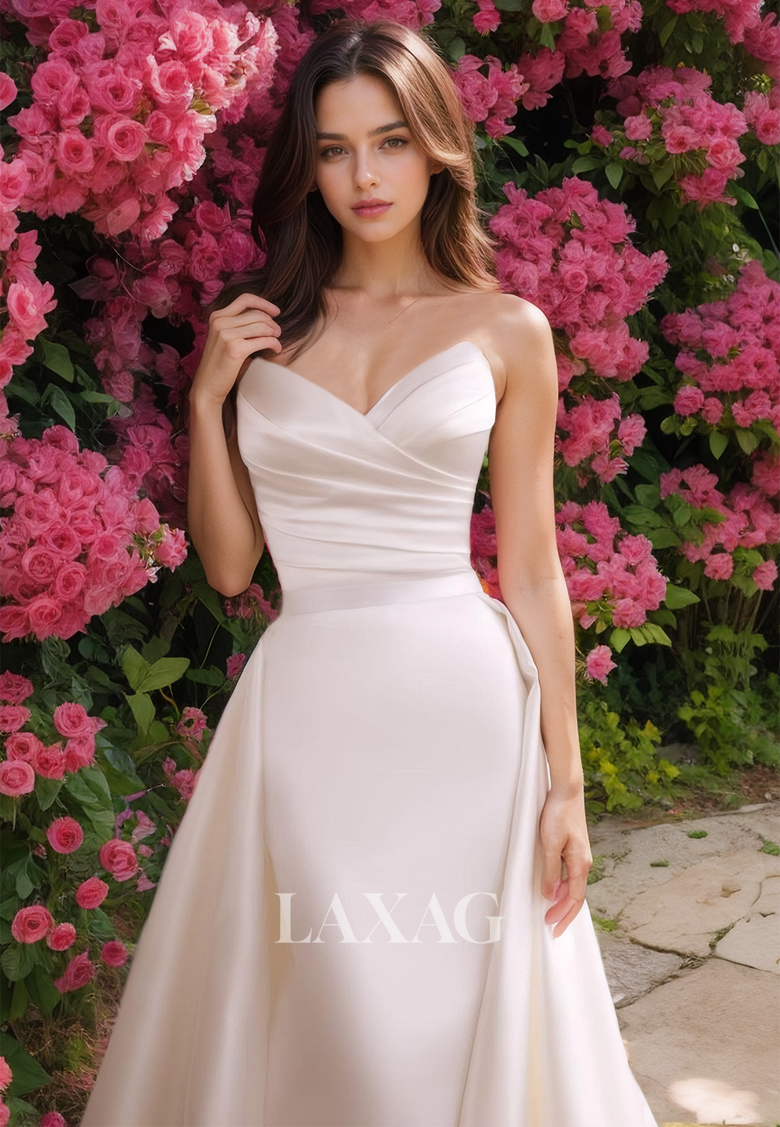 Simple V-Neck Sleeveless Off-Shoulder Pleated Satin Mermaid Wedding Dress with Overskirt - Fashionpara