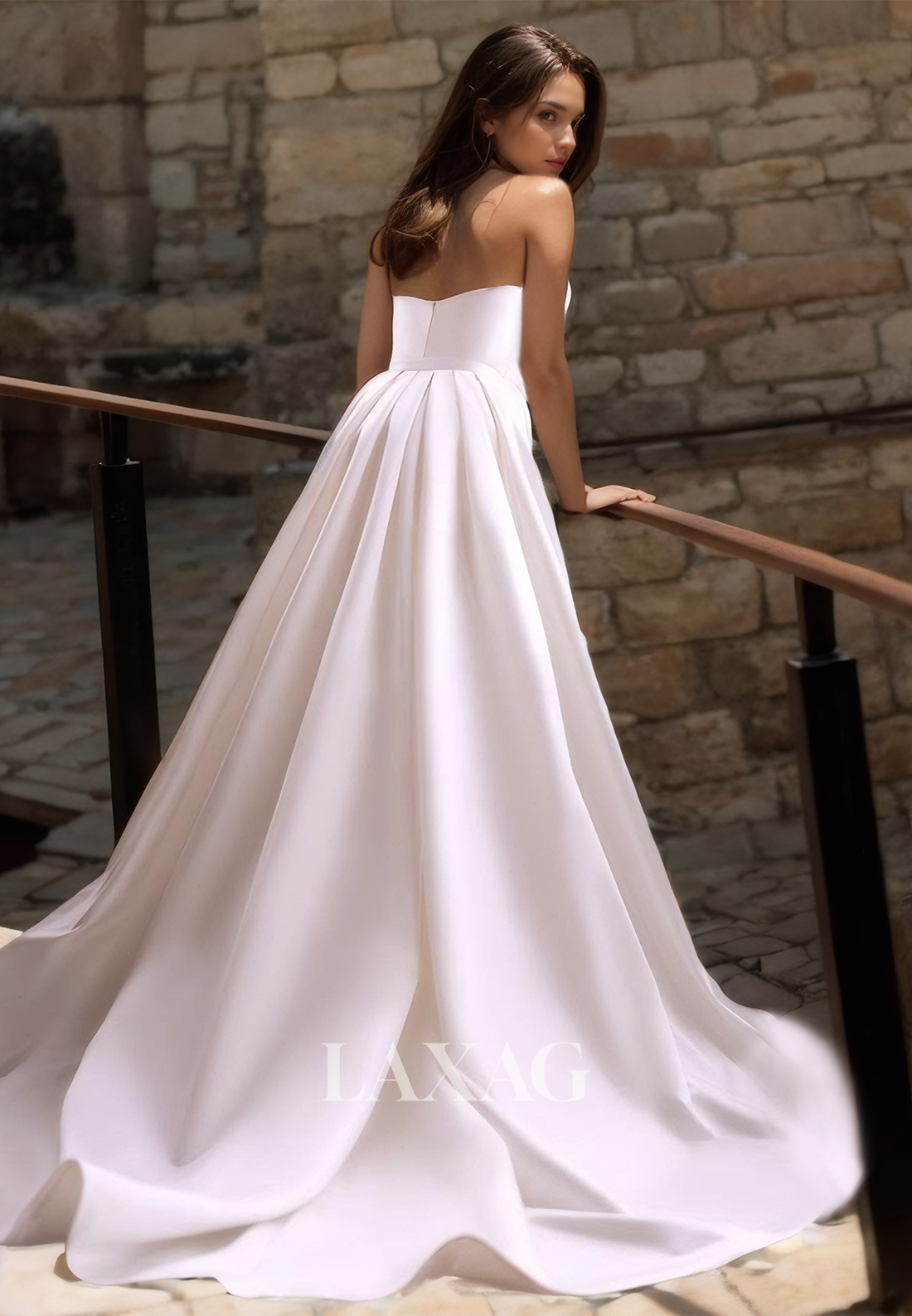 Simple V-Neck Sleeveless Off-Shoulder Pleated Satin Mermaid Wedding Dress with Overskirt - Fashionpara