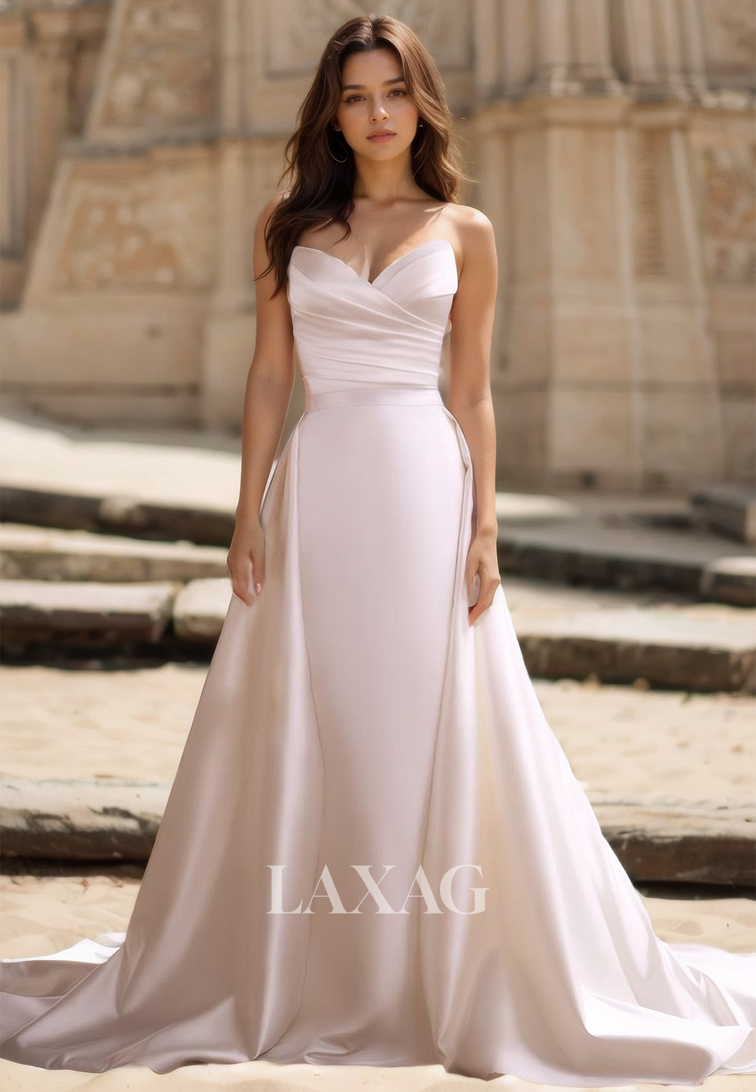 Simple V-Neck Sleeveless Off-Shoulder Pleated Satin Mermaid Wedding Dress with Overskirt - Fashionpara