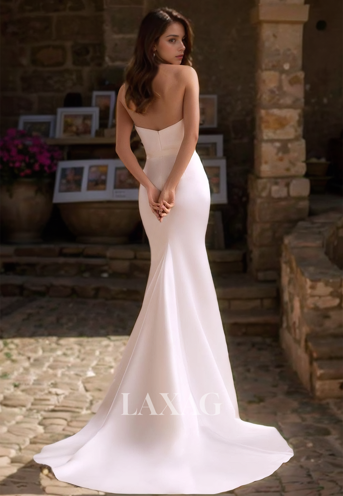 Simple V-Neck Sleeveless Off-Shoulder Pleated Satin Mermaid Wedding Dress with Overskirt - Fashionpara