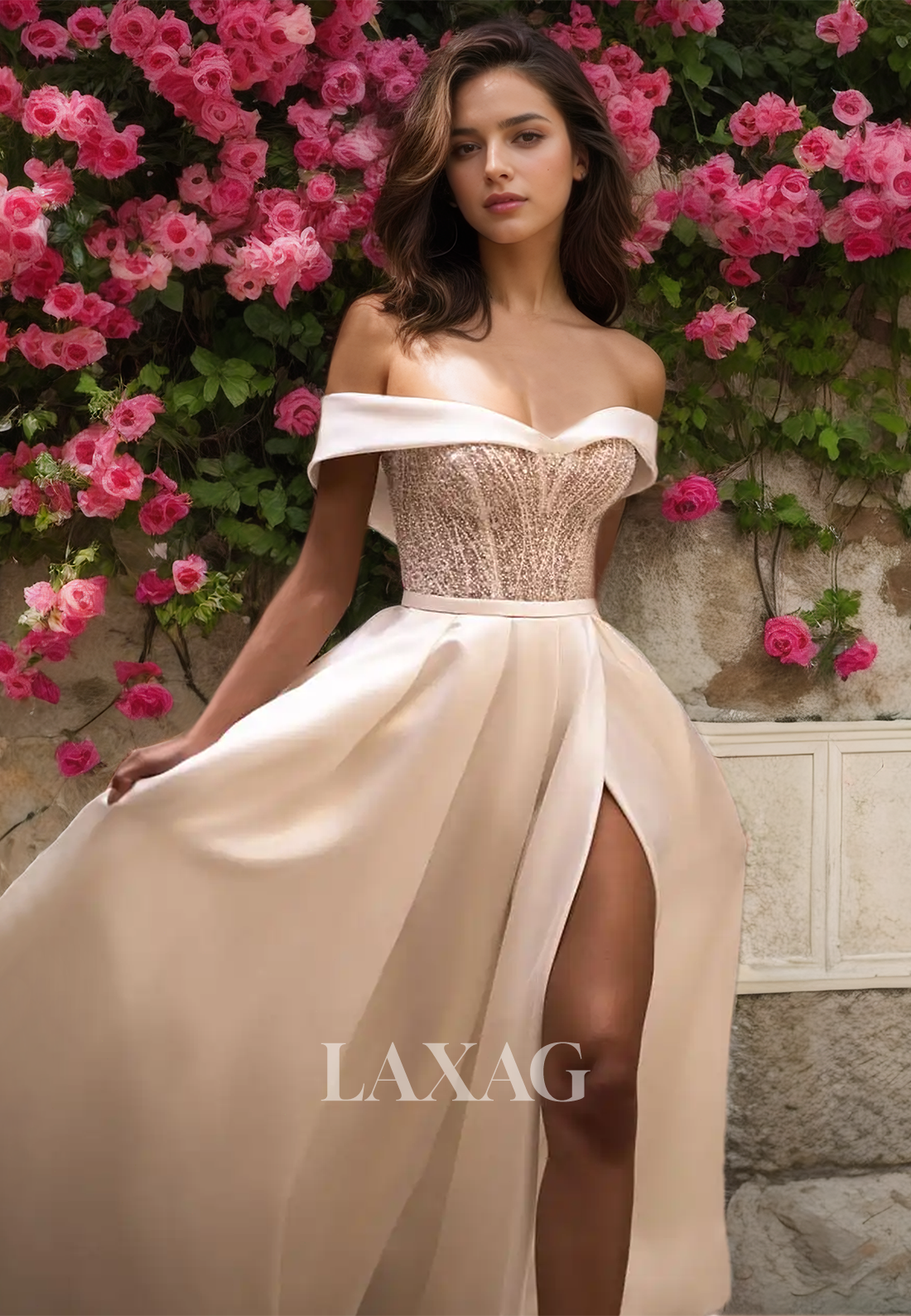 A-Line Sweetheart Sleeveless Wedding Dress Off-Shoulder Beaded Train High Slit Bride Dress - Fashionpara