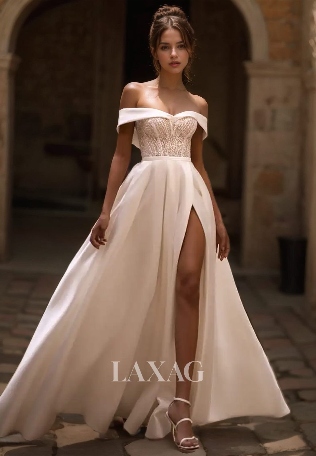 A-Line Sweetheart Sleeveless Wedding Dress Off-Shoulder Beaded Train High Slit Bride Dress - Fashionpara