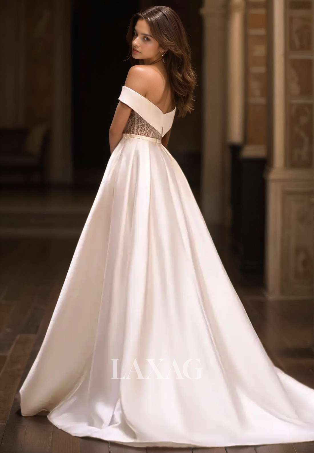 A-Line Sweetheart Sleeveless Wedding Dress Off-Shoulder Beaded Train High Slit Bride Dress - Fashionpara