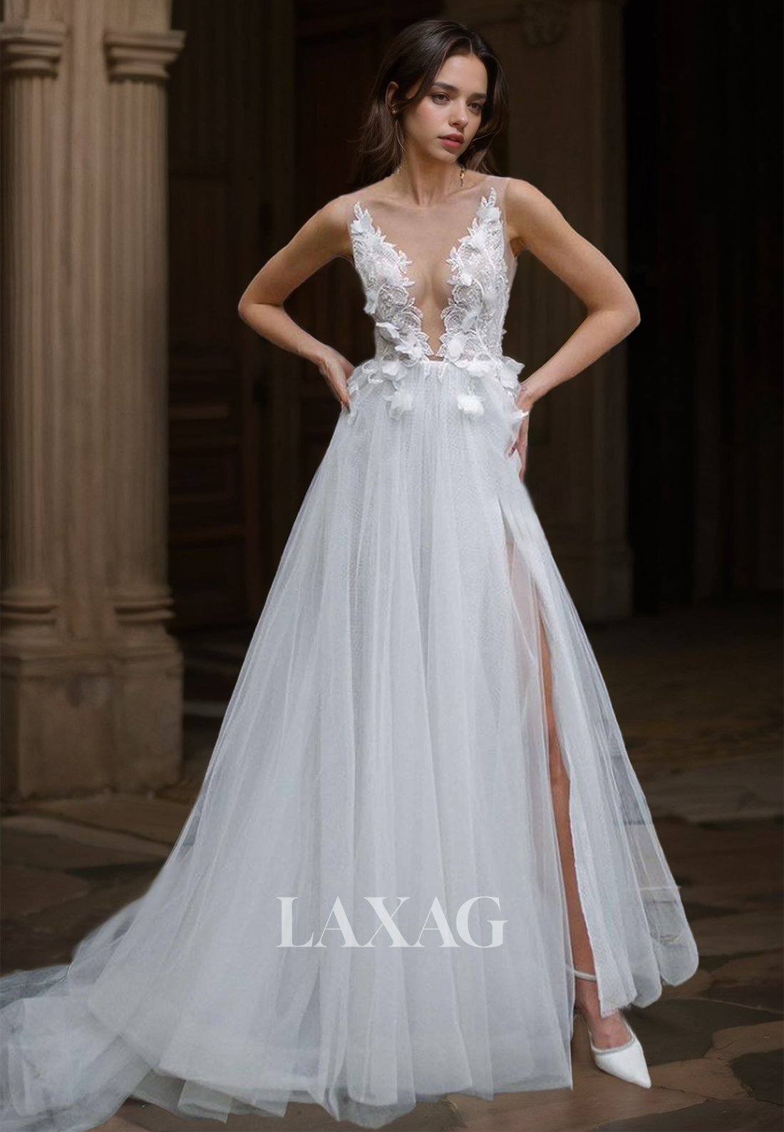 Deep V-Neck Tulle Straps A-Line Wedding Dress Floral Embellished Applique Beaded Bride Dress - Fashionpara