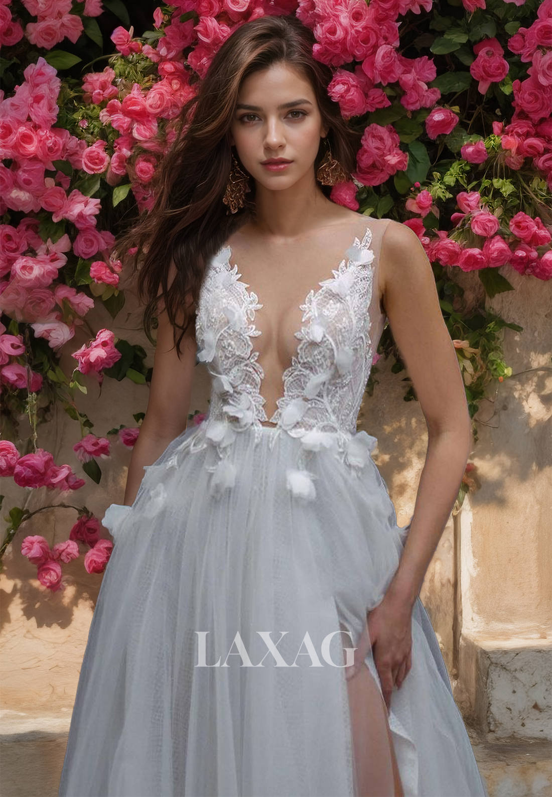 Deep V-Neck Tulle Straps A-Line Wedding Dress Floral Embellished Applique Beaded Bride Dress - Fashionpara