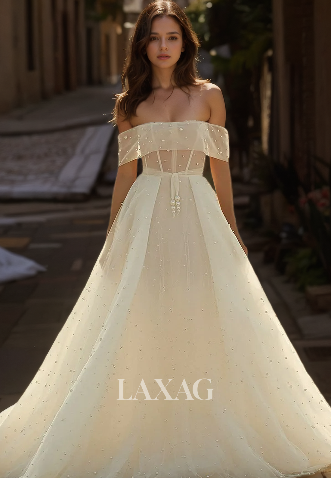 Tube Top Off-Shoulder Tulle A-Line Wedding Dress Sleeveless Beaded Illusion Bride Gowns with Train - Fashionpara