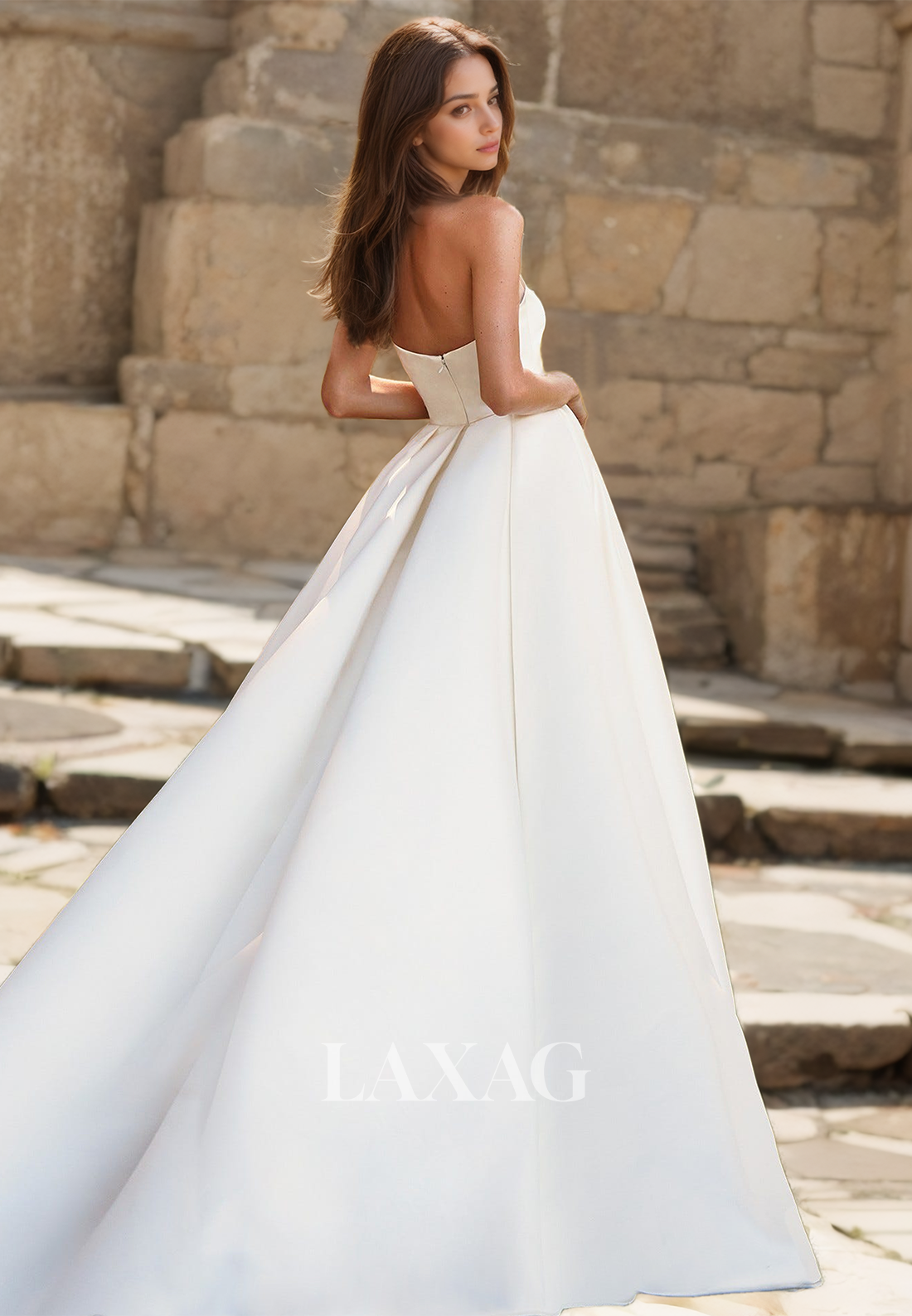 Asymmetrical-Neck Sleeveless Satin Bride Gowns Off-Shoulder High Slit Train Wedding Dress - Fashionpara