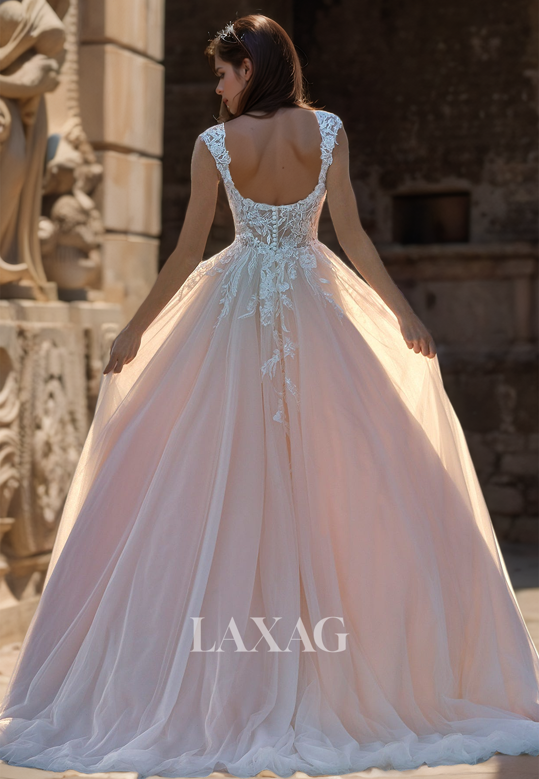 Squre-Neck Beaded Straps Tulle A-Line Wedding Dress Lace Applique Train Sleeveless Bride Gowns - Fashionpara