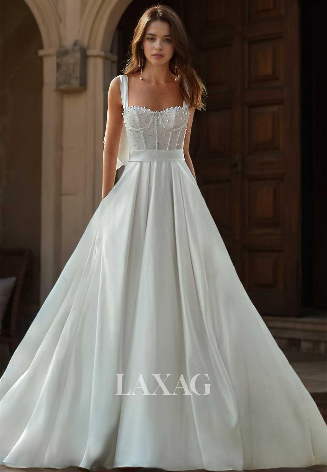 A-Line Straps Sweetheart Satin Bride Dress Beaded Pleated Sleeveless Wedding Dress with Bows - Fashionpara