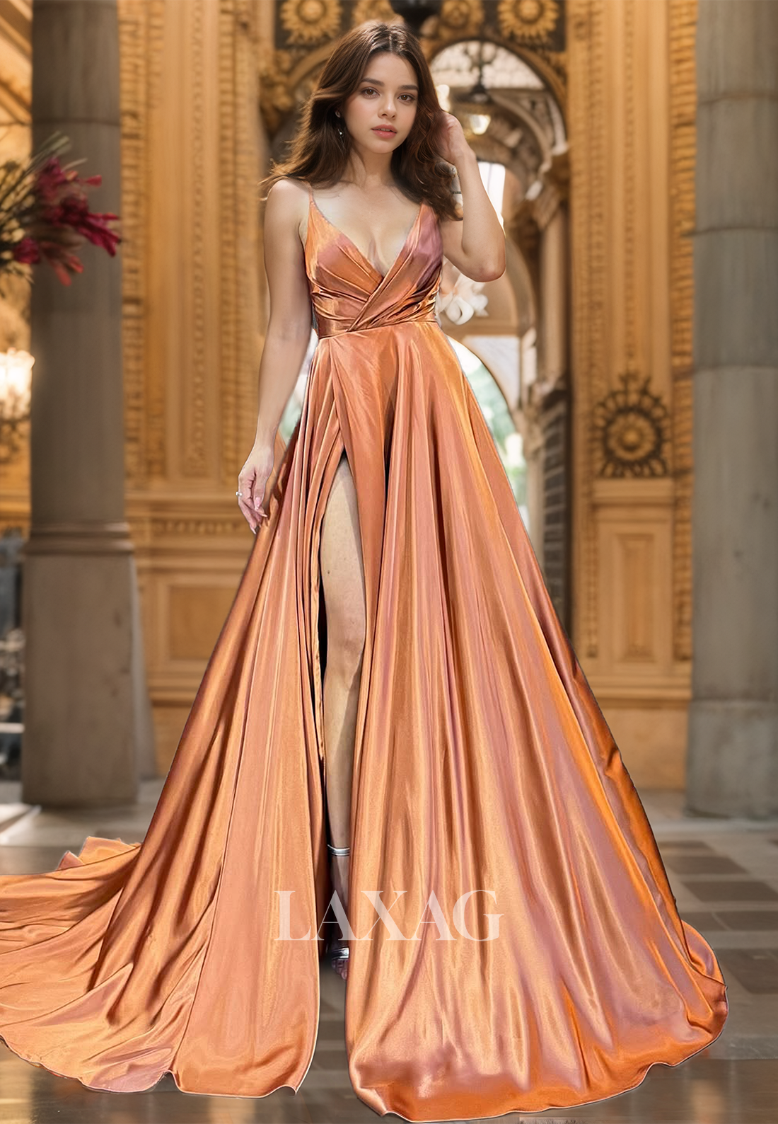 A-Line Spaghetti Straps Off-Shoulder Deep V-Neck Pleated Chiffon Train Prom Dress with High Slit - Fashionpara