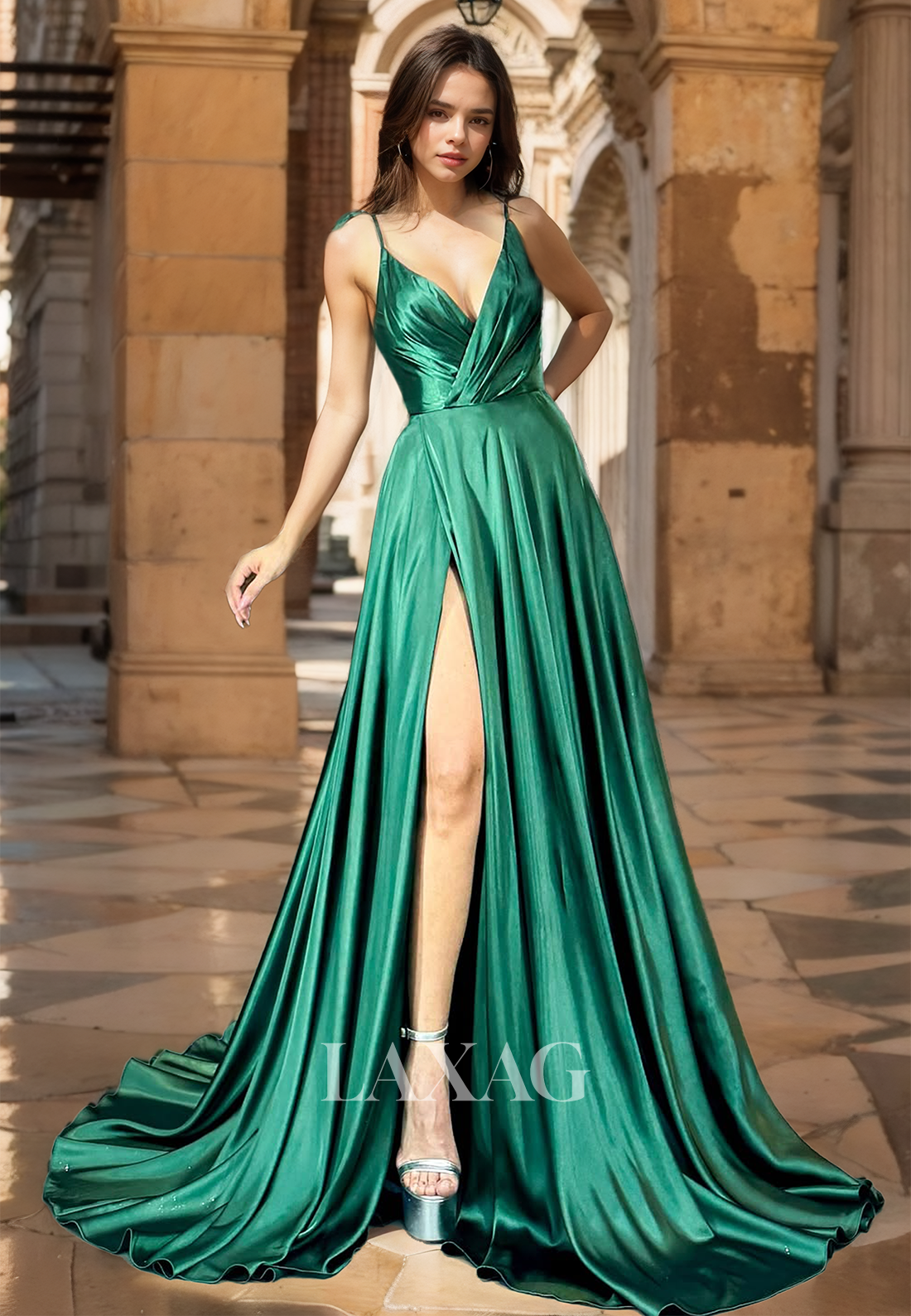 A-Line Spaghetti Straps Off-Shoulder Deep V-Neck Pleated Chiffon Train Prom Dress with High Slit - Fashionpara