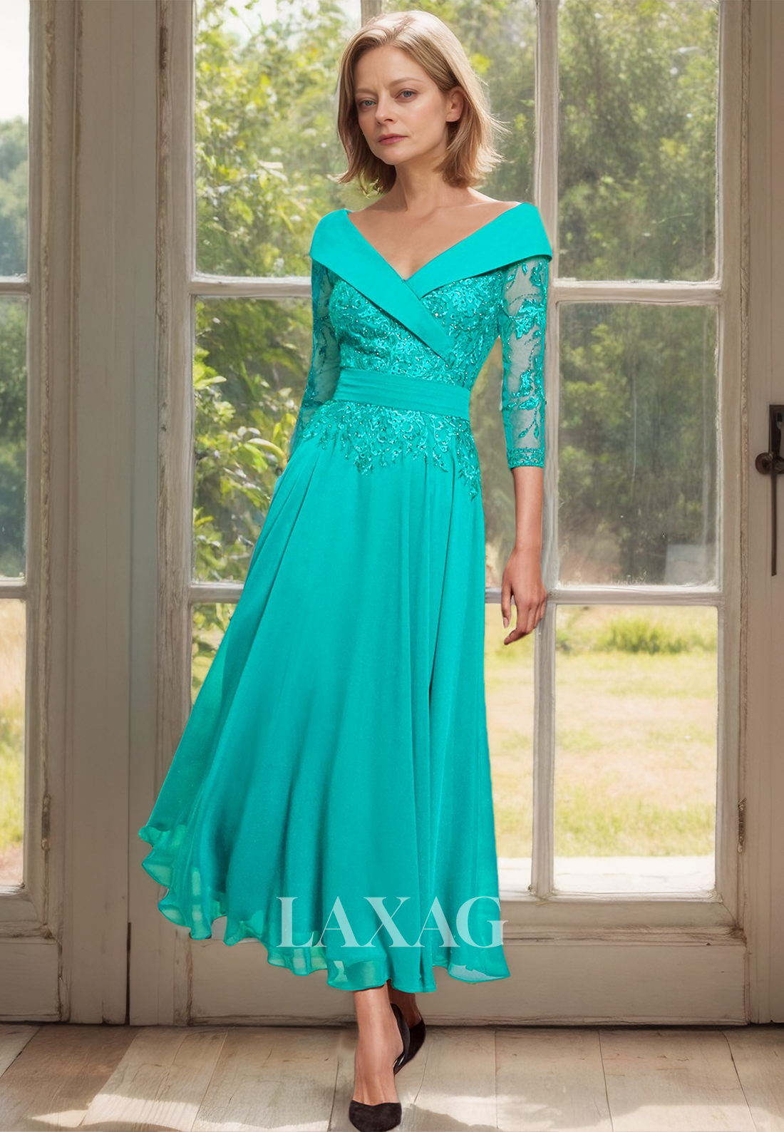 A-Line V-Neck 3/4 Sleeves Chiffon Cocktail Dress Lace Applique Pleated Mother of the Bride Dress - Fashionpara