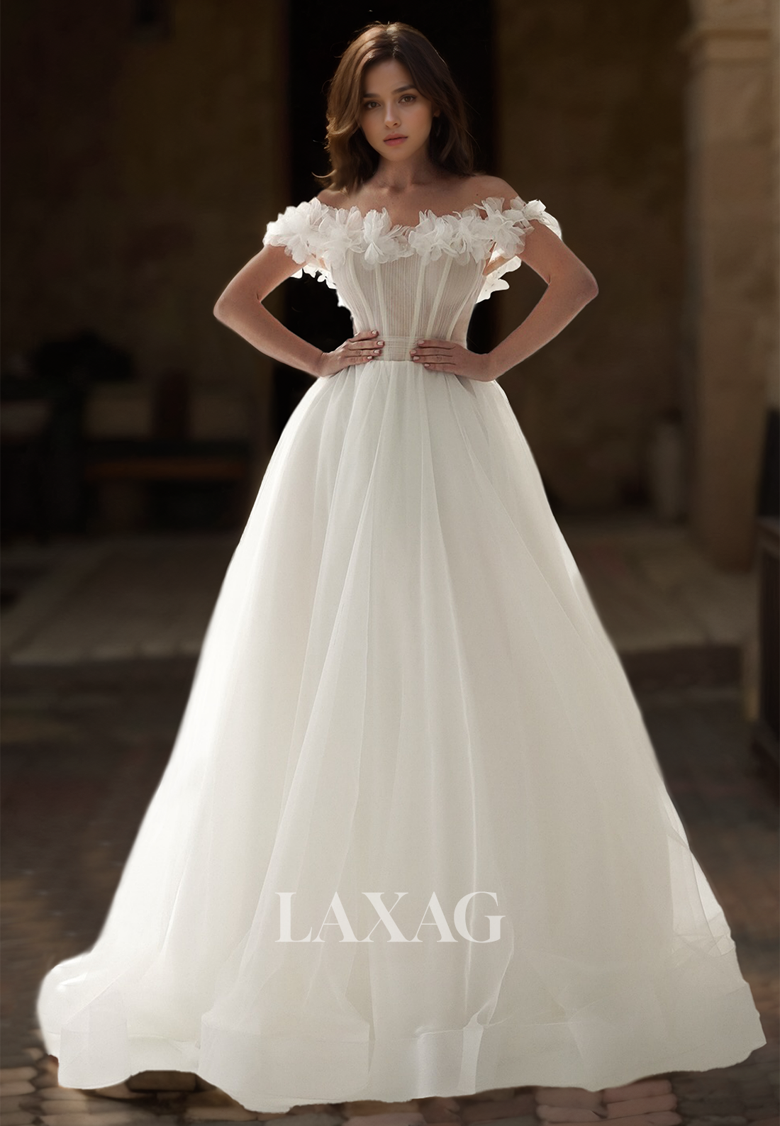 Floral Embossed Tube Top Sleeveless Off-Shoulder Sheer Pleated Tulle A-Line Wedding Dress - Fashionpara