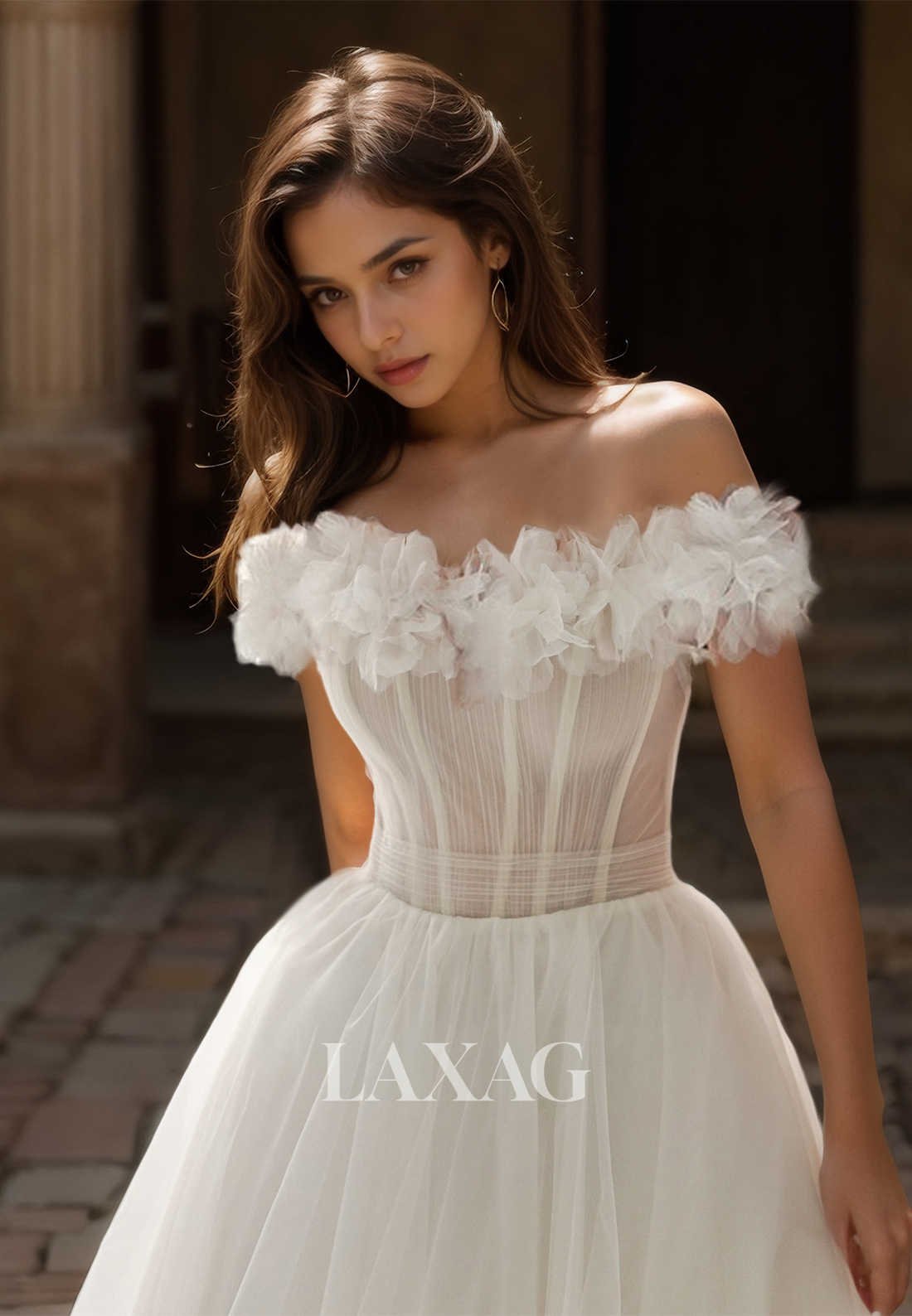 Floral Embossed Tube Top Sleeveless Off-Shoulder Sheer Pleated Tulle A-Line Wedding Dress - Fashionpara