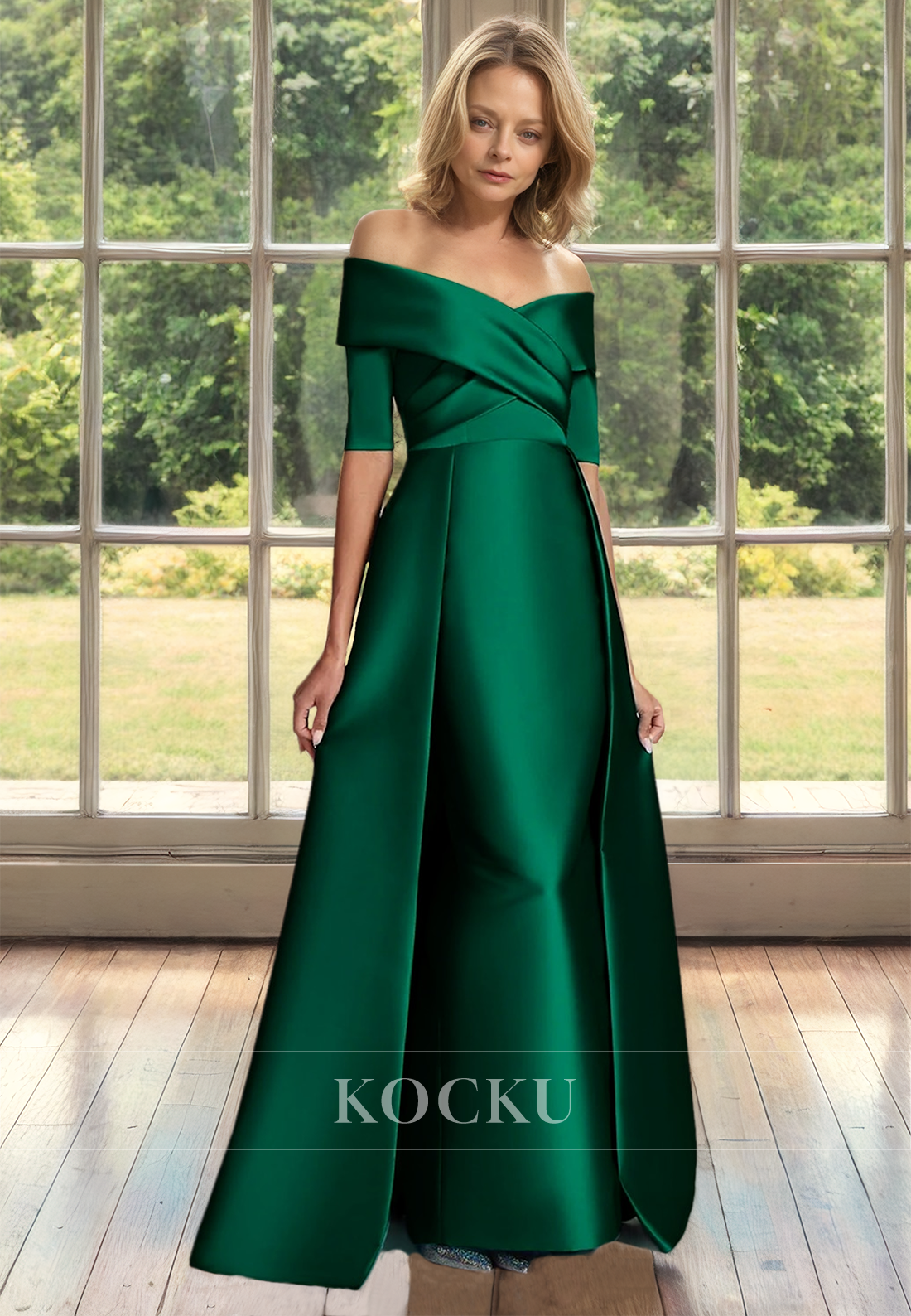 Off-Shoulder Half Sleeves A-Line Floor-Length Ruched Satin Mother of Groom Cocktail Dress - Fashionpara