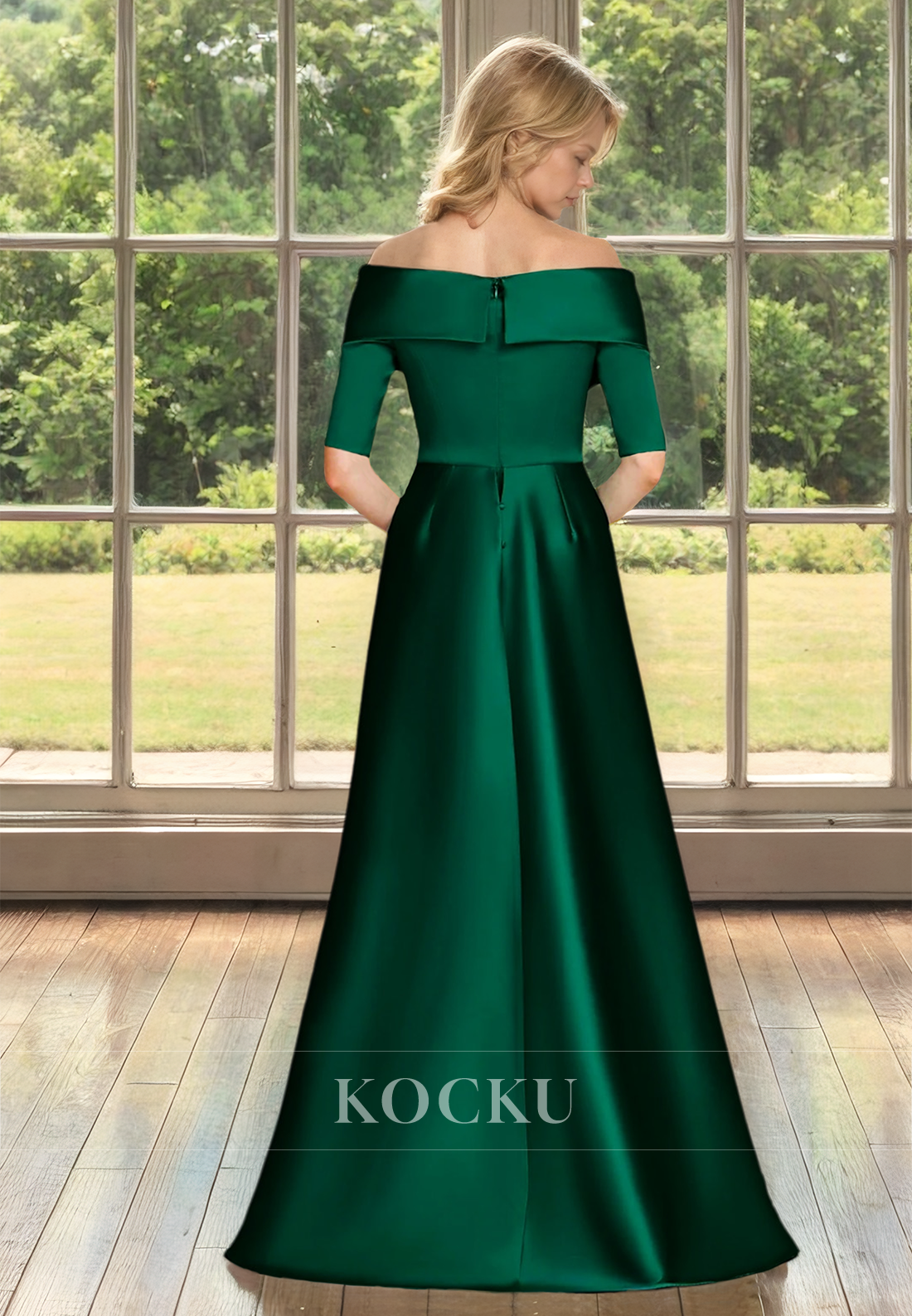 Off-Shoulder Half Sleeves A-Line Floor-Length Ruched Satin Mother of Groom Cocktail Dress - Fashionpara